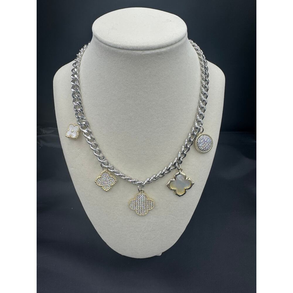 Silver Charm Necklace with 5 Pendants - Adjustable 16"-18"